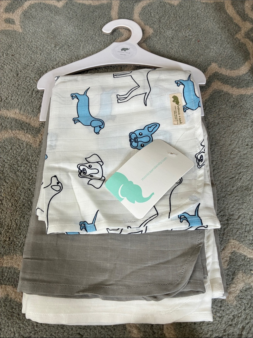 Monica + Andy Blue Dog Print Muslin Swaddle Blanket - Mini Elephant